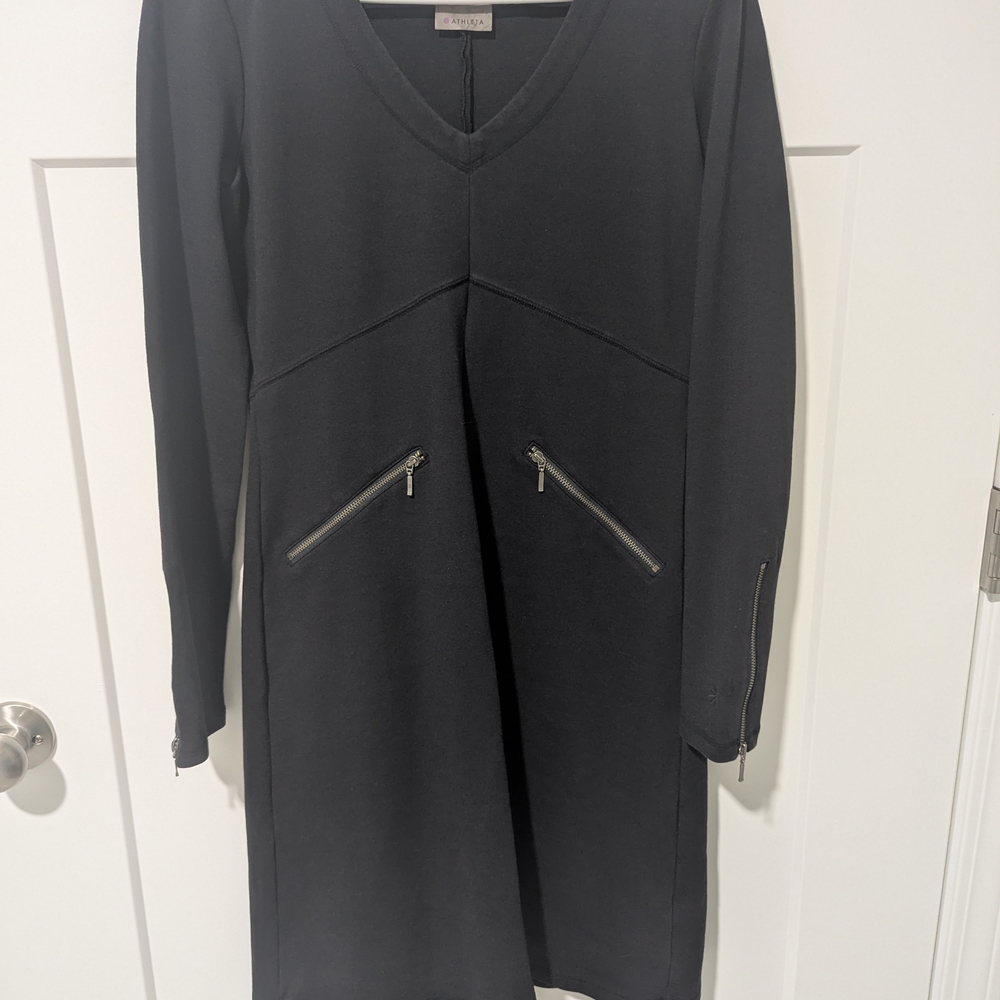 Athleta Black Celebration Ponte Knit Long Sleeve Dress With Zipper Accents
